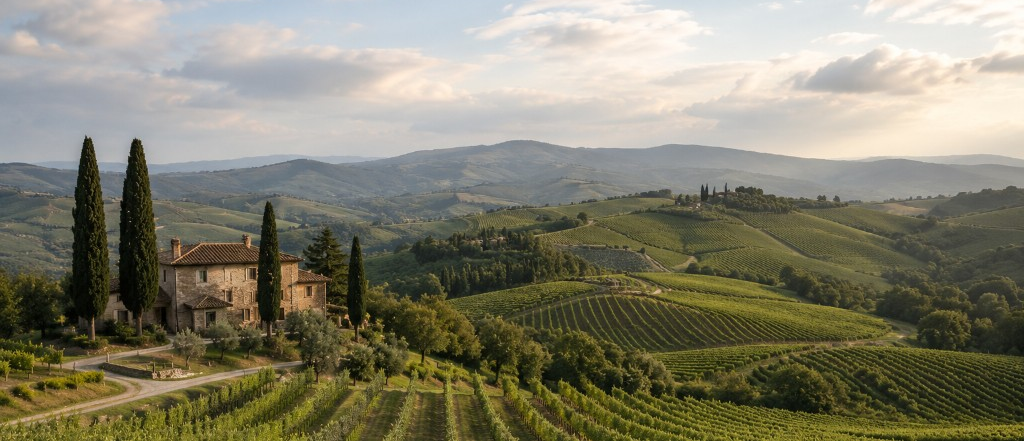 Tuscan vineyard landscape with stone villa and cypress trees